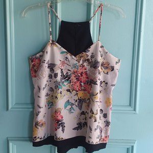 Strappy floral print v neck racerback camisole tank top.